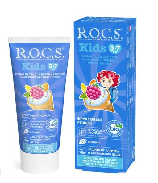 ROCS Kids Зубная паста Фруктовый рожок, без фтора, паста зубная, со вкусом мороженого, 45 г, 1 шт.