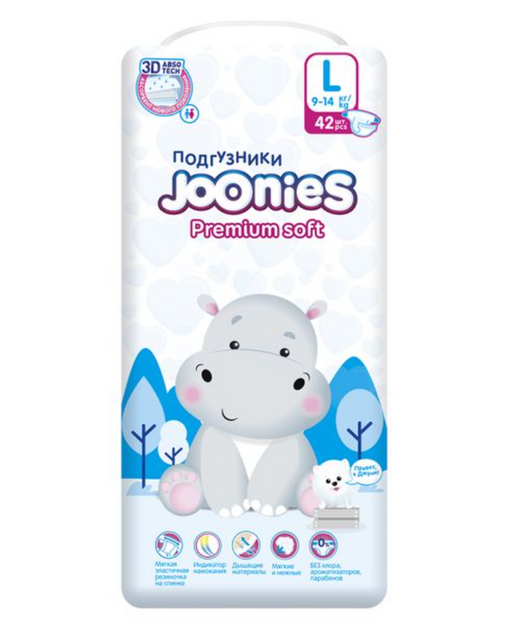 Joonies Premium soft Подгузники детские, L, 9-14 кг, 42 шт.